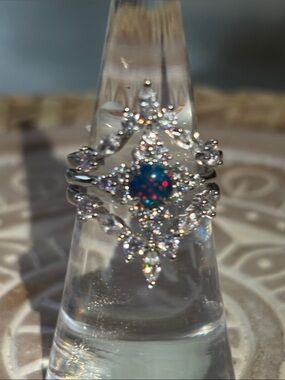Silver Halo Ring with Blue-Red Opal Center - Women Jewelry